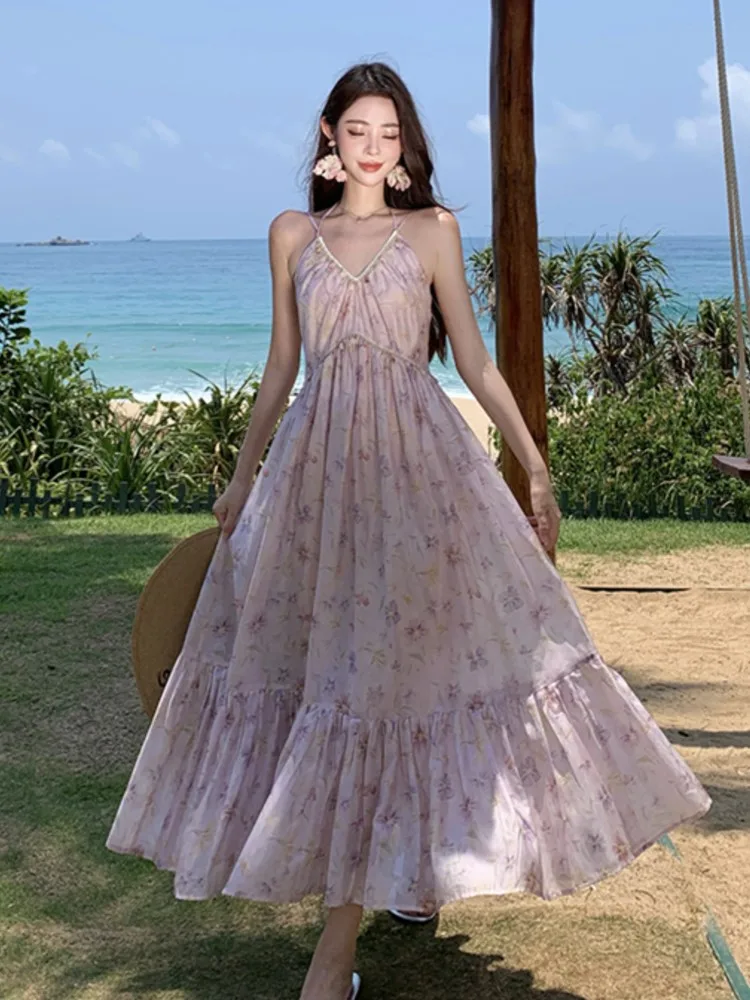 

Women Summer New Boho Sequins Cami Floral Print Dress Elegant Off-shoulder Lace up A-line Long Dresses Holiday Beach Outfits