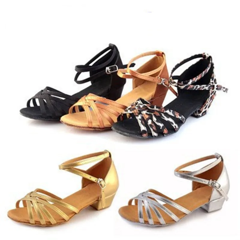 

New Girls Children/Kids Ballroom Tango Salsa Latin Dance Shoes Women Gold Silver Black Leopard Low Heel Shoes 3.5cm