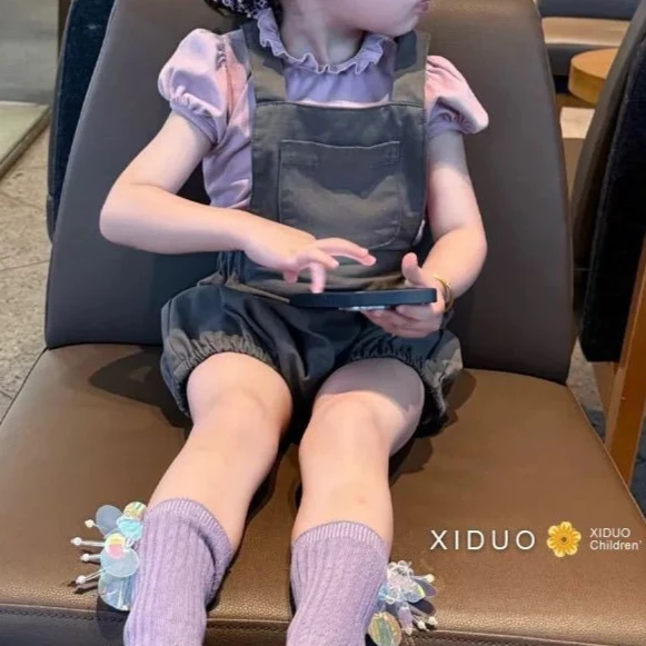2026 Summer Korean Style Kids Girls Overalls Cute Sweet Bud Design Suspender Shorts Thin Breathable Baby Girls Outfits