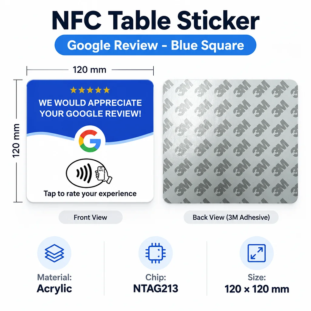 NFC Table Sticker NTAG213 Tap to Open Google Review Instagram Facebook Menu - round Square Acrylic 3M Adhesive for Business