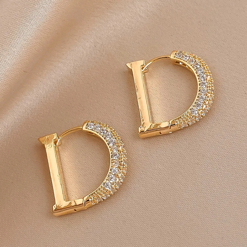 금속 지르콘 레터 D 이어 버클, 정품 골드 전기 도금, 심플한 고급 귀걸이, 여성용 주얼리