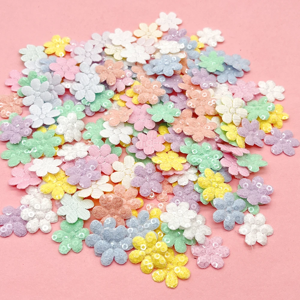 100Pcs Mix Cloth Fabric sequin Patches Spring Flower Appliques for Girl Clothes Craft Sewing Supplies DIY Clips Bow Card Making