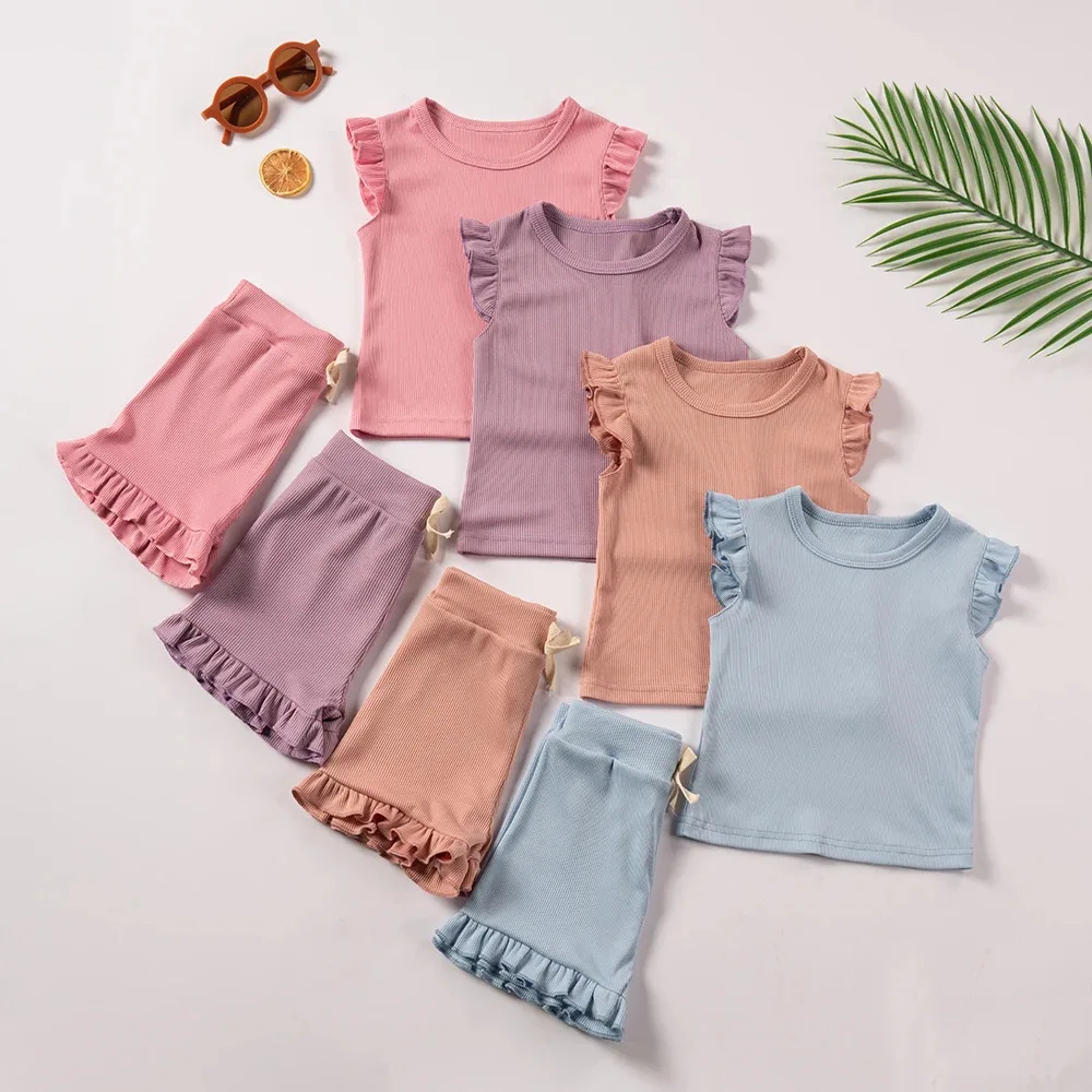 Somenie Girls Basic Two-Piece Set, Solid Color Cute Flutter Short Sleeve Top Elastic Waist Shorts Kids Daily Casual Outfit