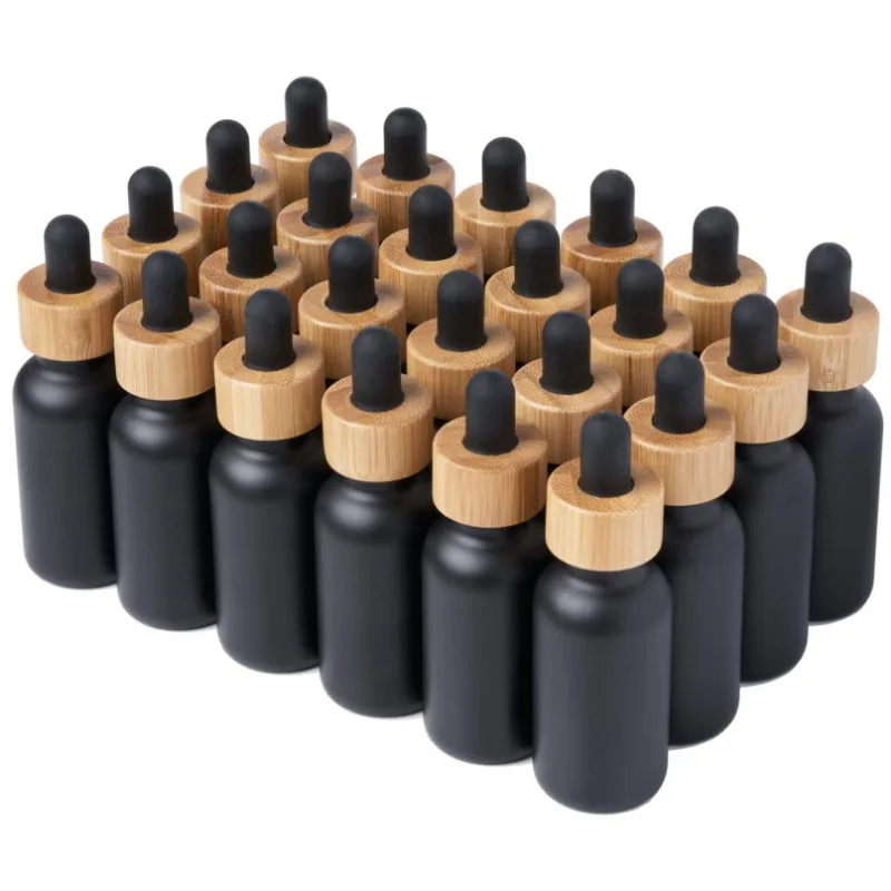 24PCS Perfume Bottle 1 Oz 30ml Natural Bamboo Dropper Caps Black Glass Dropper Bottles Travel Dropper Bottles for Essential Oils