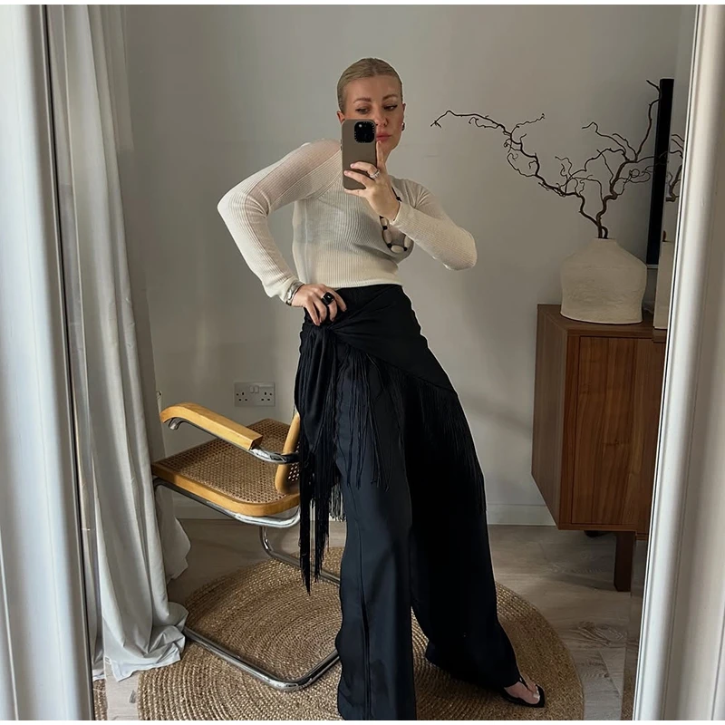 Fringe Wrap Skirt Solid Tie Waist Boho Style Elegant Women Fashion All-match Mini Skirts 2026 Party Chic Casual Vacation Outfit