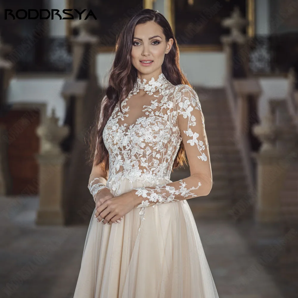 RODDRSYA Elegant Light Champagne Wedding Dress A-Line High Neck Long Sleeves Custom Made Applique Bridal Gown Vestido De Novia