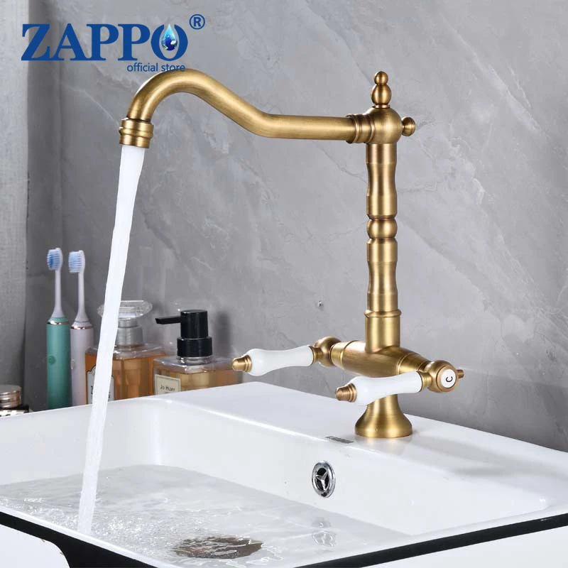 ZAPPO Antique Brass Bathroom Faucet with 360 Swivel Spout Faucets Dual Handle Hot Cold Mixer Tap Deck Mounted Brass Tap Gold