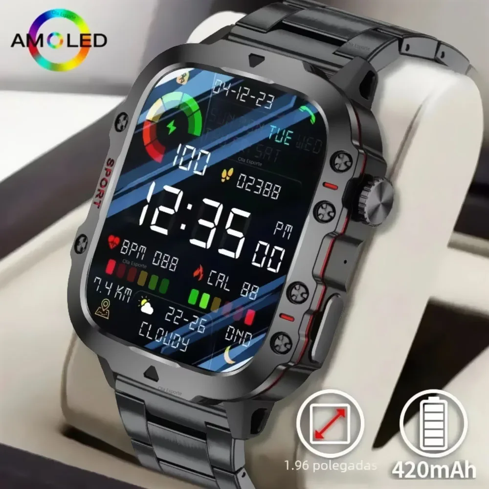 2025 montre intelligente militaire robuste montre pour hommes 2.01 pouces HD écran tactile voix Bluetooth appel lampe de poche LED montre intelligente extérieure homme