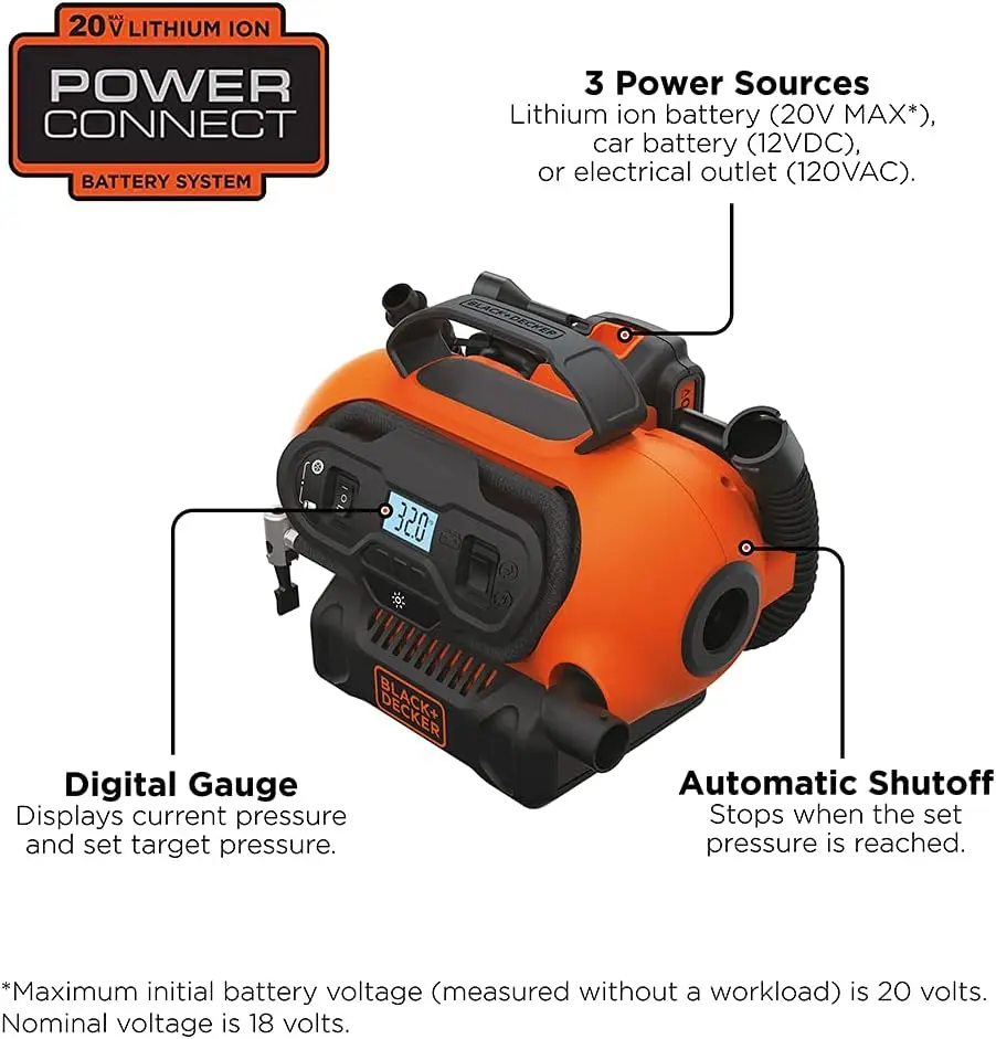 20V MAX* Inflator, Portable Air Compressor, 3 Modes: Cordless, 120V Corded, and 12V Car Adapter, Air Pump, Battery Sold Separate