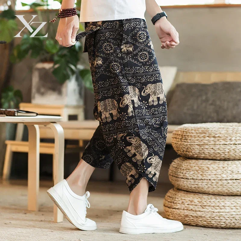 Loose Cotton Linen Seven-Foot Pants Men's Summer plus Size Lantern Style Casual Shorts Middle Waist Nine-Piece Harlan Pants