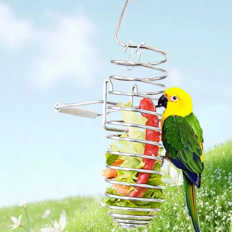 Parrot Feeder Stainless Steel Spring Food Fruit Basket Vegetable Feeder Bird Supplies Artifact