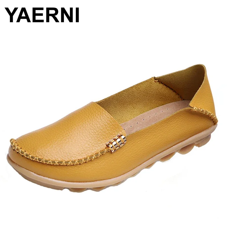 

YAERNI Genuine Leather Women Casual Shoes Fashion Candy Colors Comfortable Slip-on Peas Massage Flat Shoes Plus Size