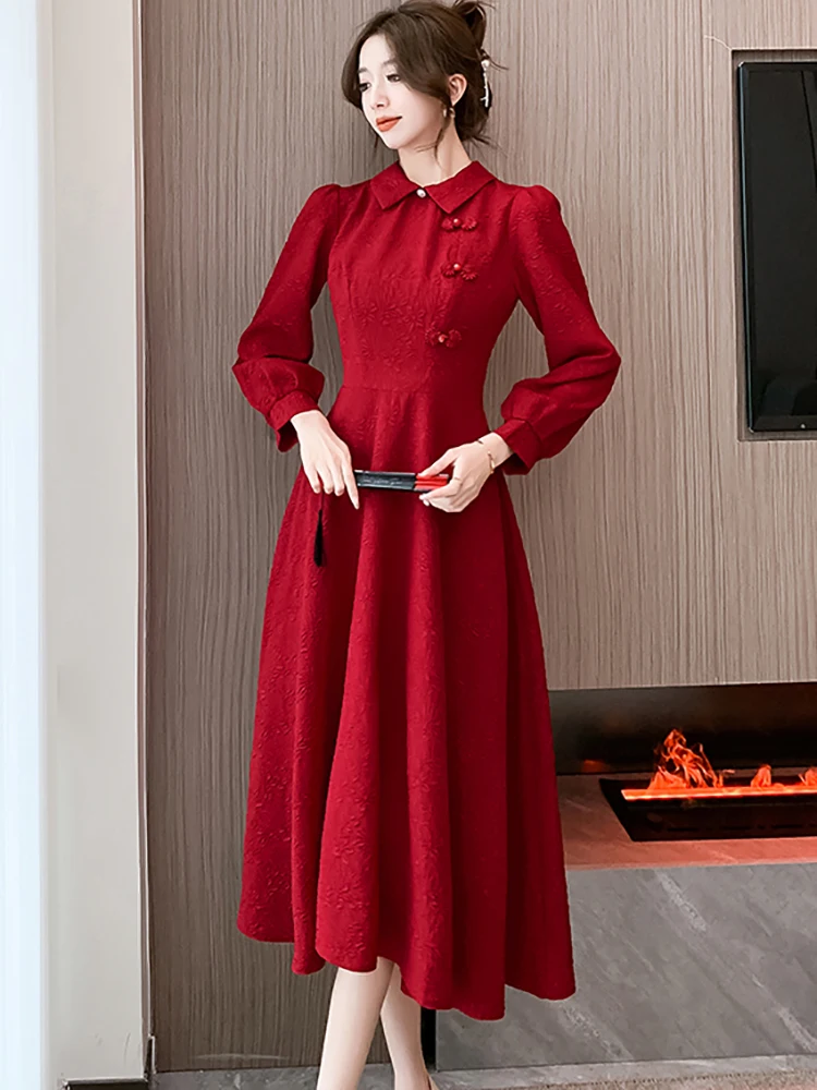 Autumn Winter Red Jacquard Long Sleeve Polo Collar Midi Dress Women Luxury Elegant Formal Dress 2024 Korean Bodycon Party Dress