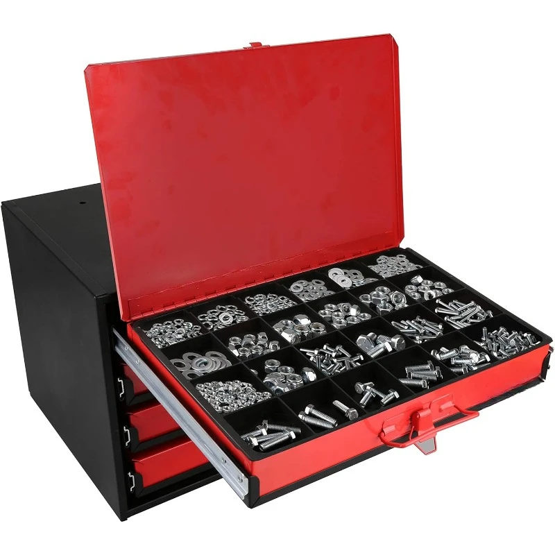 4-Drawer Hardware Organizer includes 2500-pieces Small Hardware, black/red