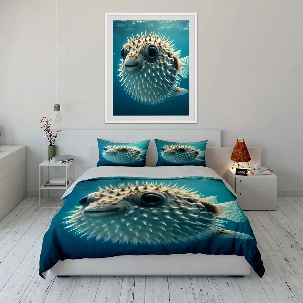 Spiky pufferfish in clear water Duvet Cover Set with 3D Printing Design Soft Polyester Bedding Set All-Season Comfort 4