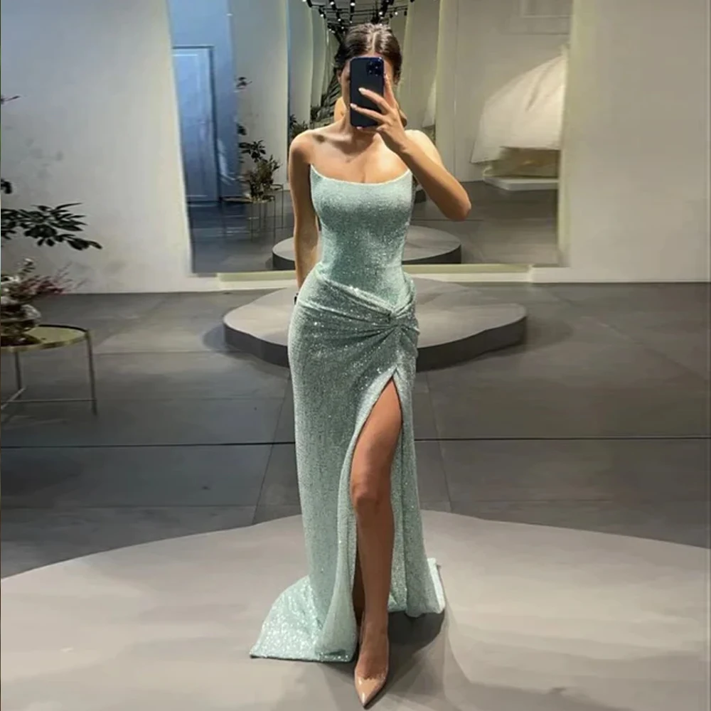 Glitter Sequined Evening Dresses Spaghetti Strap Prom Dresses Illusion Sexy Celebrity Party Gowns High Split فساتين السهرة