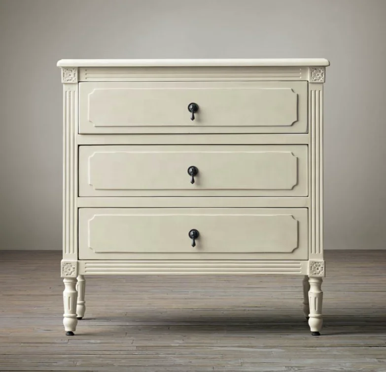American Style Country Solid Wood Vintage Bedside Cabinet Bedroom Furniture Three Drawer Bedside Cabinet