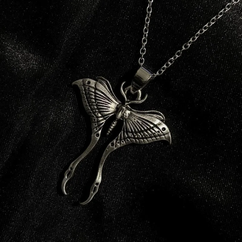 Gothic Punk Ancient Silver Moon Moth Pendant Necklace for Men Women Halloween Witch Daily Wear Alternative Jewelry Accessories