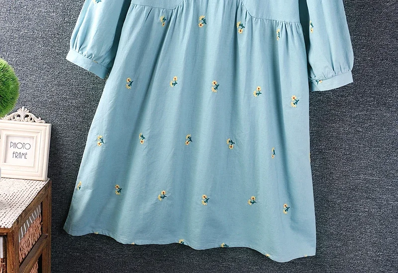 Vestido bordado floral de camada dupla para mulheres, gola fofa do Peter Pan, manga comprida, vestidos midi casuais, doce menina mori, novo, outono