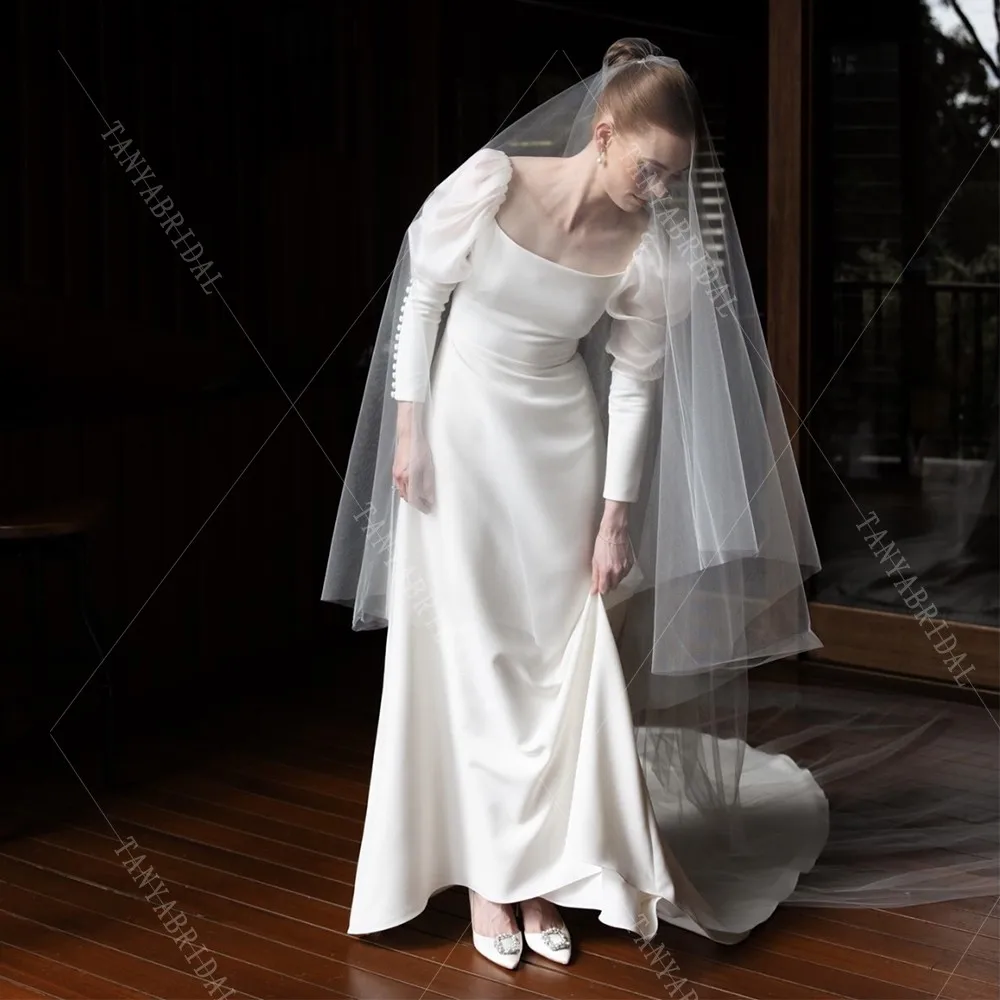 Soft Satin Wedding Dress Elegant Puffy Long Sleeves A Line Bridal Gown Square Collar Sweep Train Simple Bridal Dress TSWD535