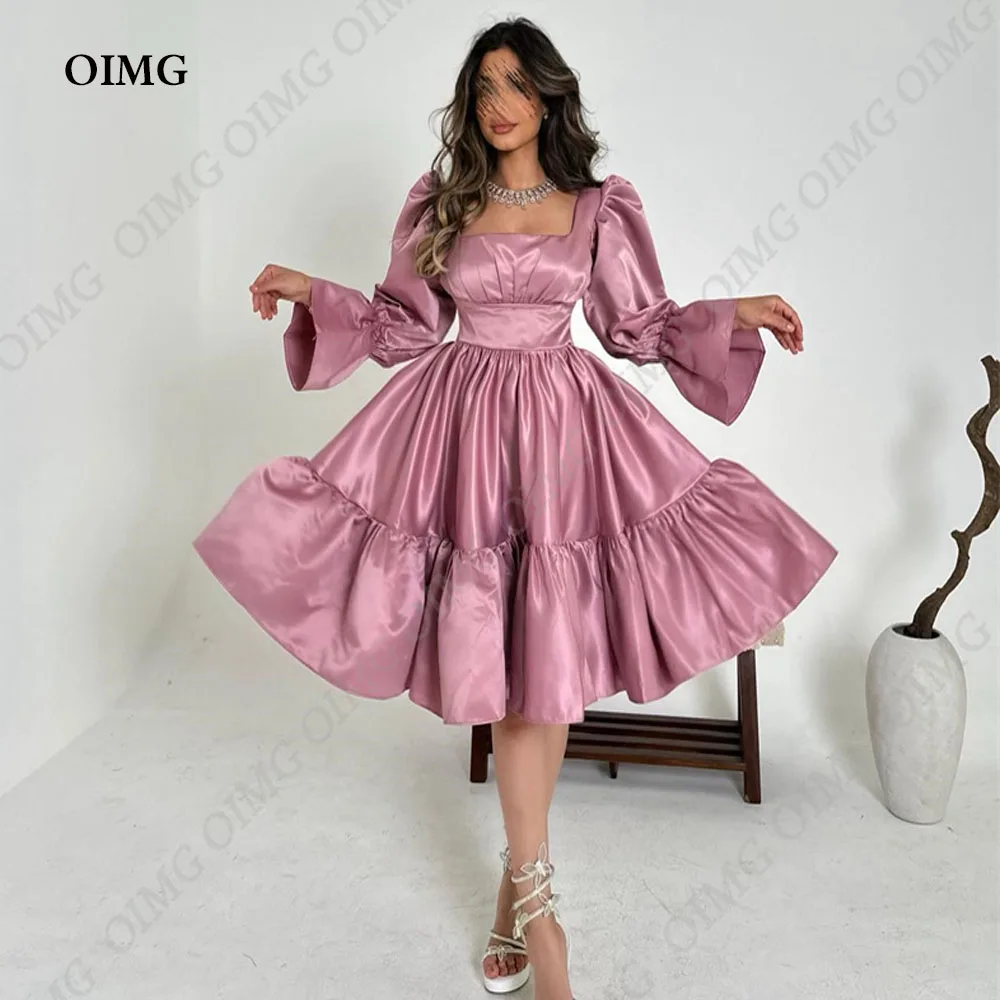 

OIMG Vintage Dusty Pink Long Sleeves Satin Evening Dresses Full Sleeves Prom Dresses Knee Length Formal Event Party Dresses