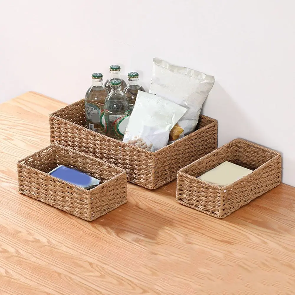 

Rural Handmade Woven Storage Basket Large Capacity Rectangular Cosmetics Storage Box Household Snack Storage Box Office