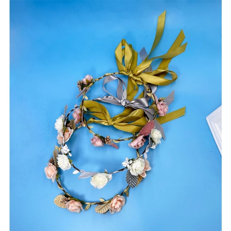 Women Elegant Rose Flower Headband with Adjustable Ribbon Wreath Crown Floral Wedding Hair Garland for Activities Party