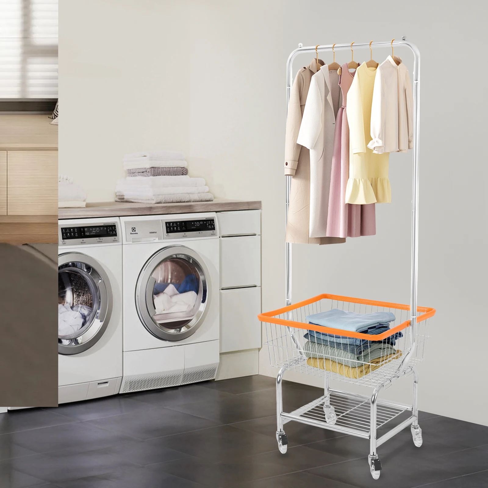 Large Capacity Clothes Cart, Rolling Laundry Cart, Laundry Cart with Hanging Rod
