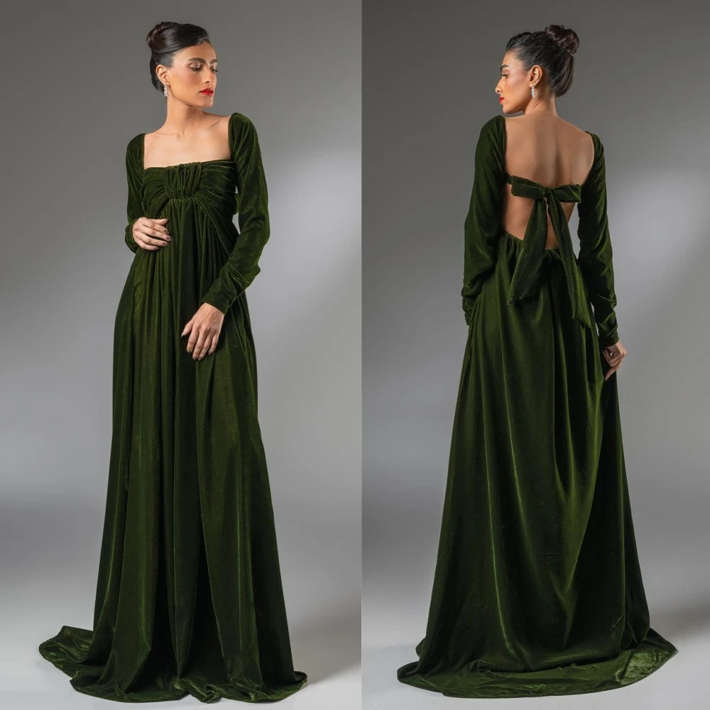 Vestido de graduación de Arabia Saudita, traje de noche Formal de estilo Simple y moderno, con cuello cuadrado, línea A, drapeado de terciopelo, a medida, para ocasiones