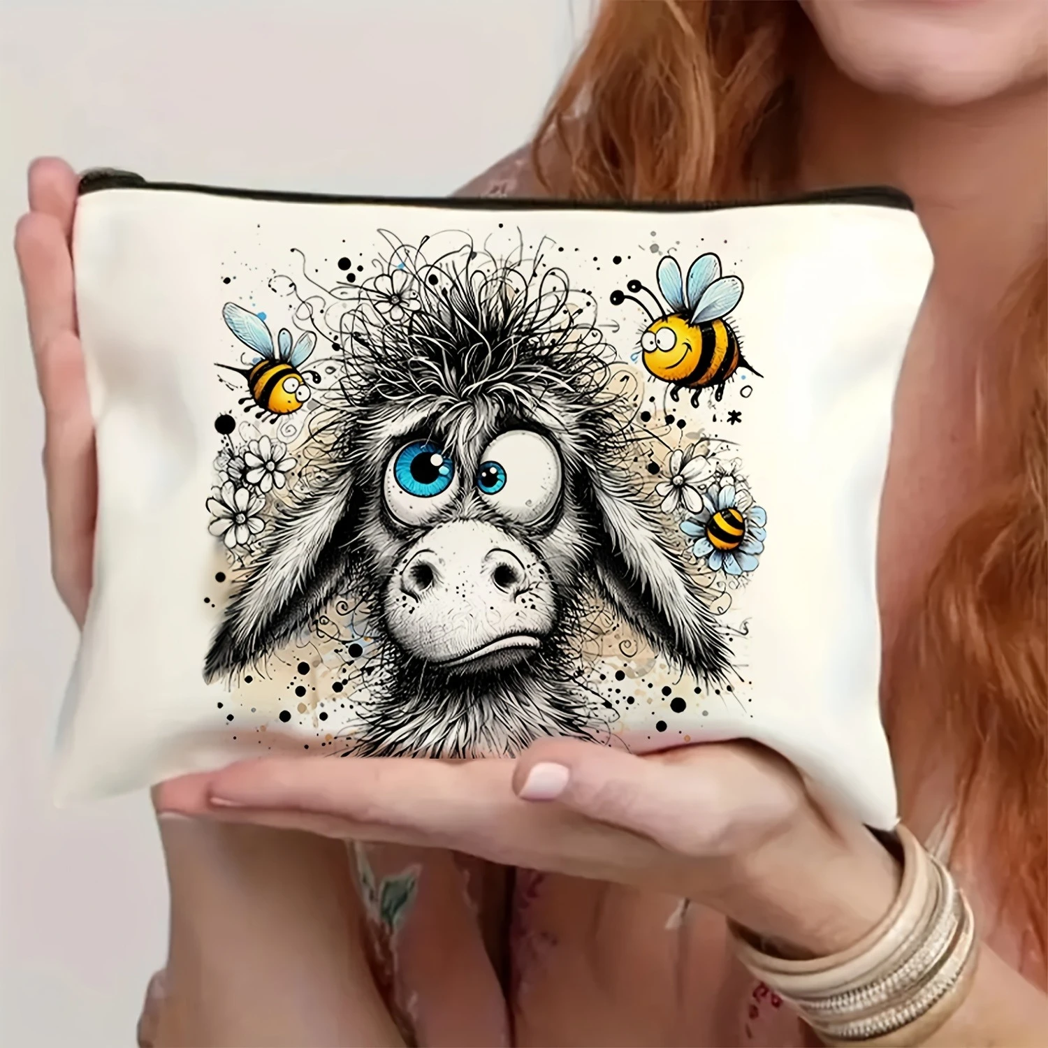 Fun Humorous Donkey Bee Makeup Bag Zipper Multi functional Storage Bag Large Capacity Handheld Makeup Bag Portable Cosmetic Bag