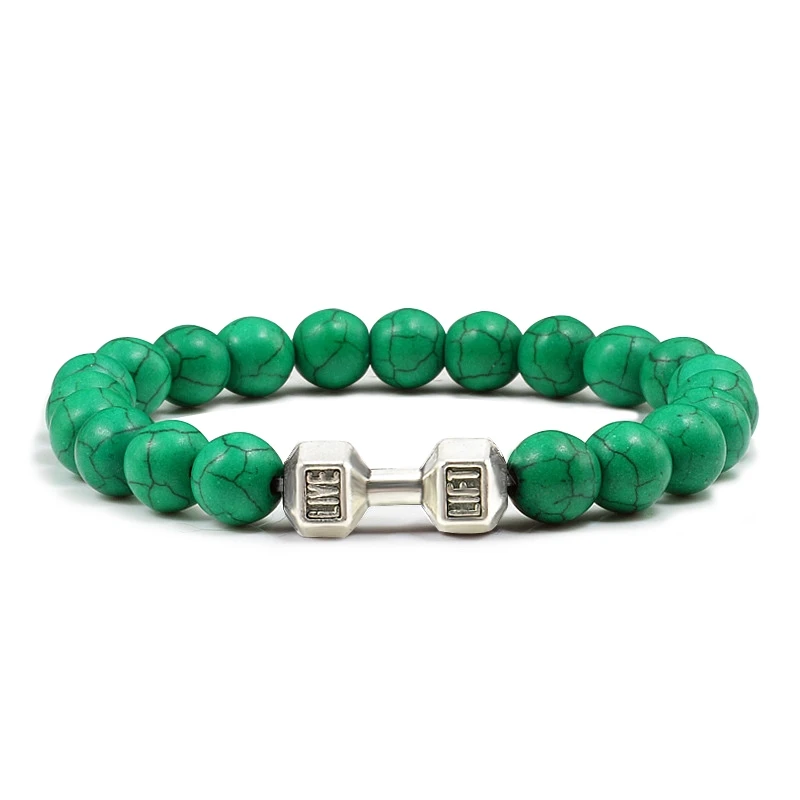 Natürliche Vulkanstein Armband Männer Matte Schwarz Lave Weiße Perlen Charme Hantel Strang Armbänder Frauen Barbell Fitness Schmuck