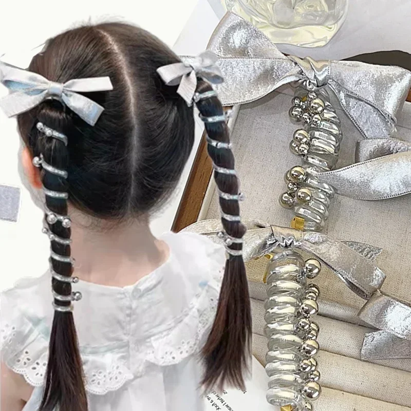 

Children's Cute Silver Bow Head Band Ponytail Girls Pearl Phone Line Headwear Two Horsehair Hair Tie Braiding Tool Scrunchies