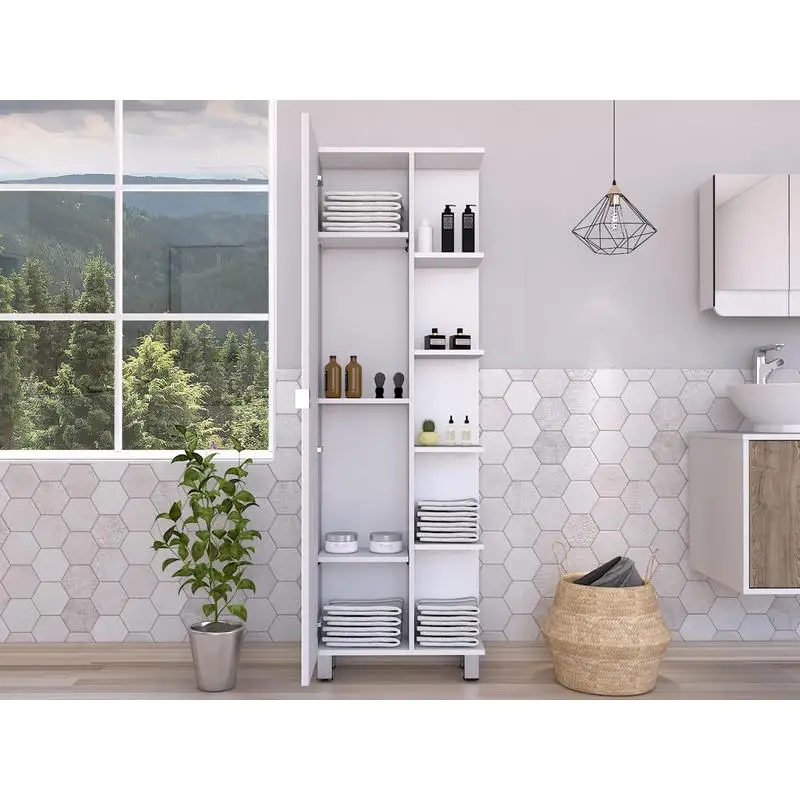 

White Corner Cabinet with 5 Open Shelves and Single Door - Stylish Storage Solution for Home Decor