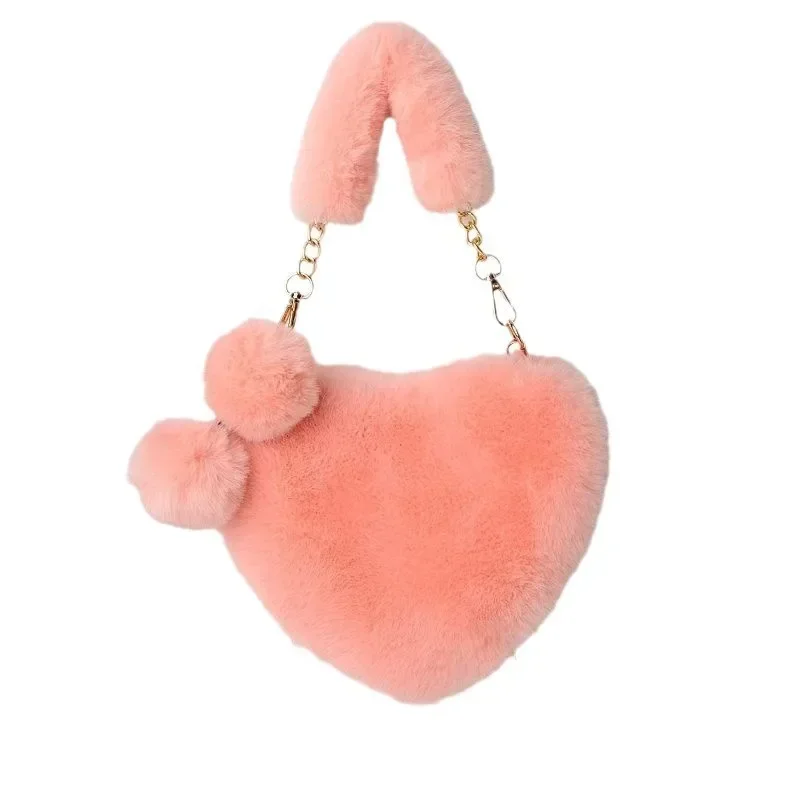 Fashion Women's Heart Shaped Handbags Cute Kawaii Faux Fur Crossbody Bags Wallet Purse Plush Chain Shoulder Bag Lady Handbag