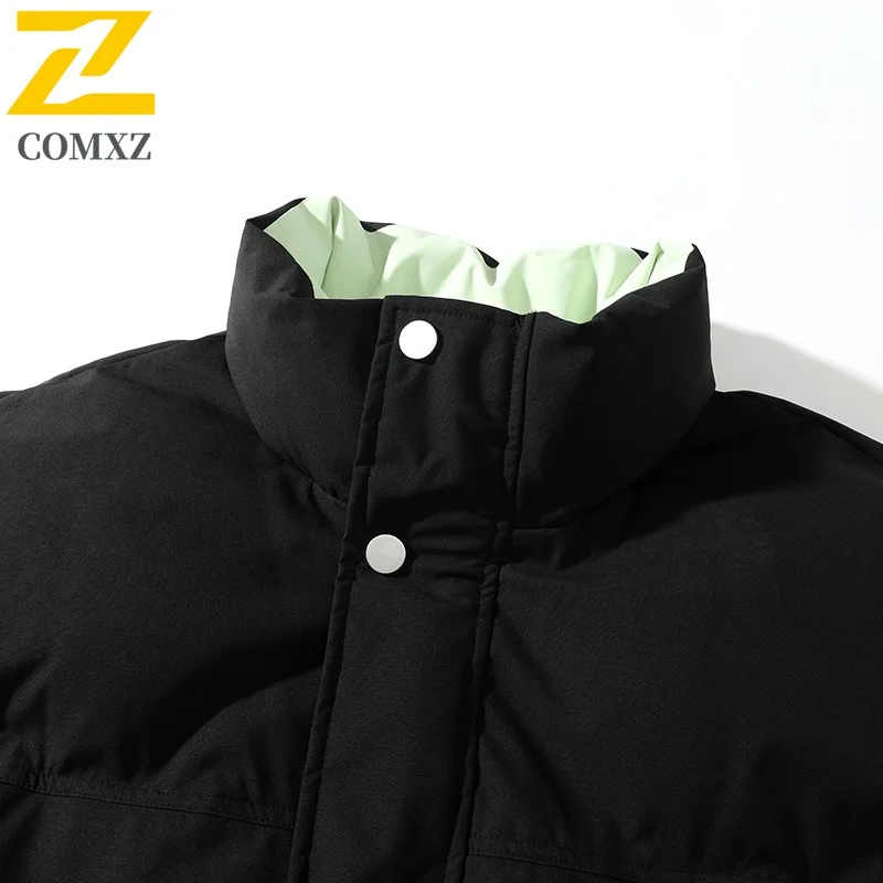 COMXZ 2025 Winter Stand Collar Padded Thick Quilted Jacket Streetwear Fashion Men Solid Color Puffer outdoor sports Cotton Coat