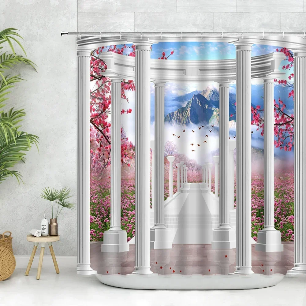 Psychedelic Scenery Shower Curtains Aesthetic Roman Columns Gardens Mountains Landscapes Home Decor Curtains for Bedroom Hooks