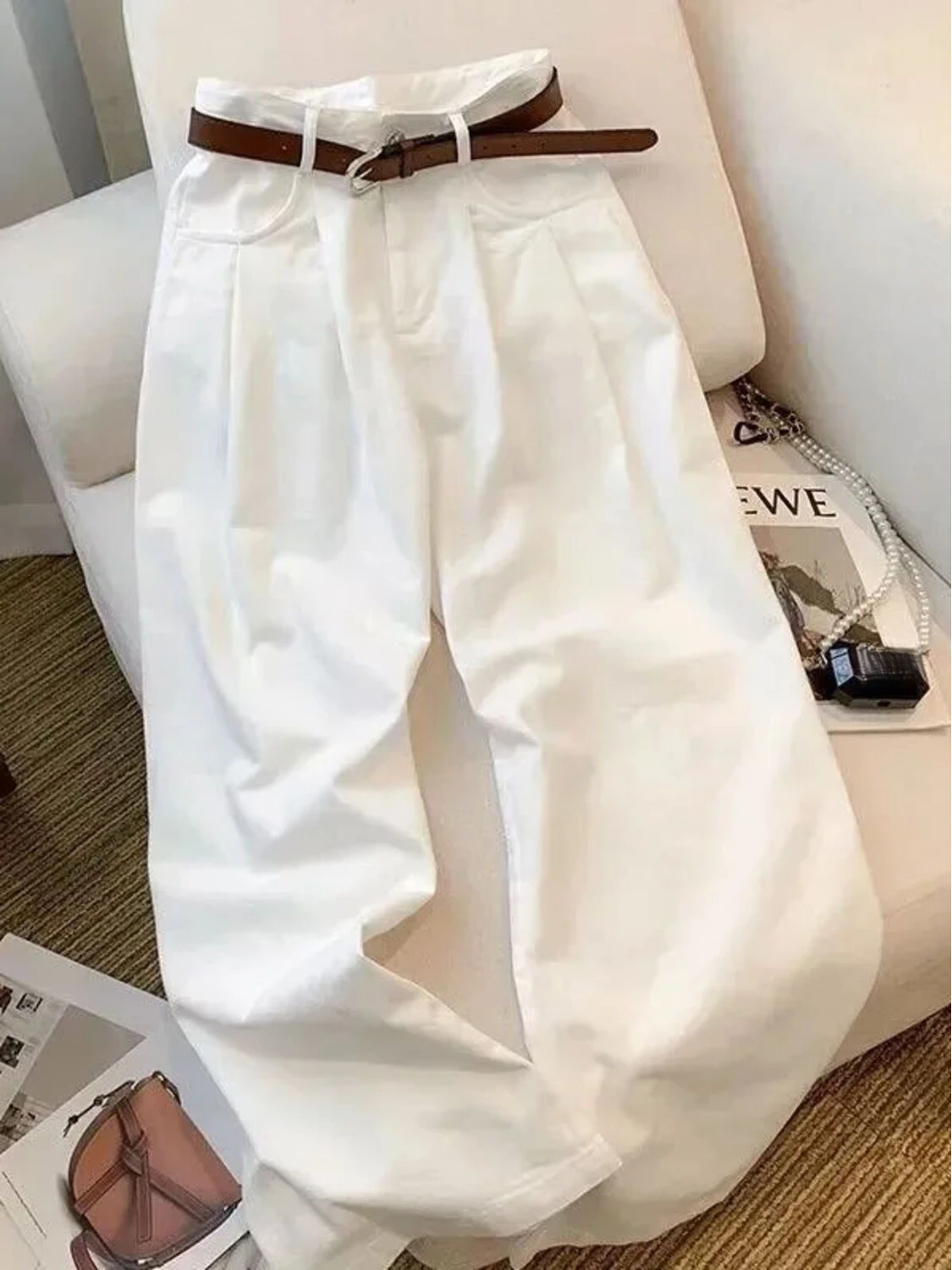 

Women High Waist Wide Leg Jeans Off White Cream Pleated Trouser Front Crease Belted A-Line Casual Loose Long Pants