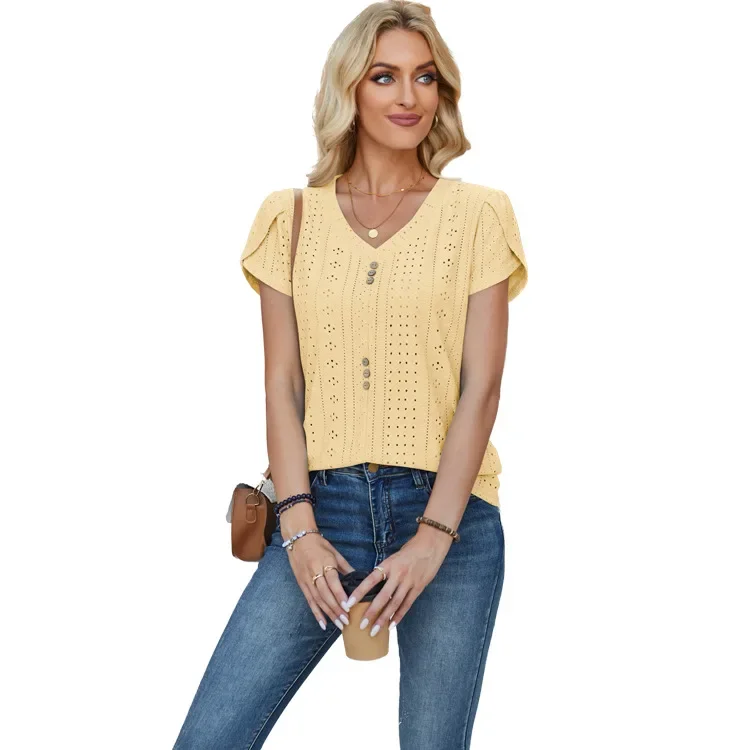 女性の新しい夏のトップ V ネックボタンパッチワーク花びらスリーブ無地 Tシャツ女性トップカジュアル半袖 Tシャツ女性トップス