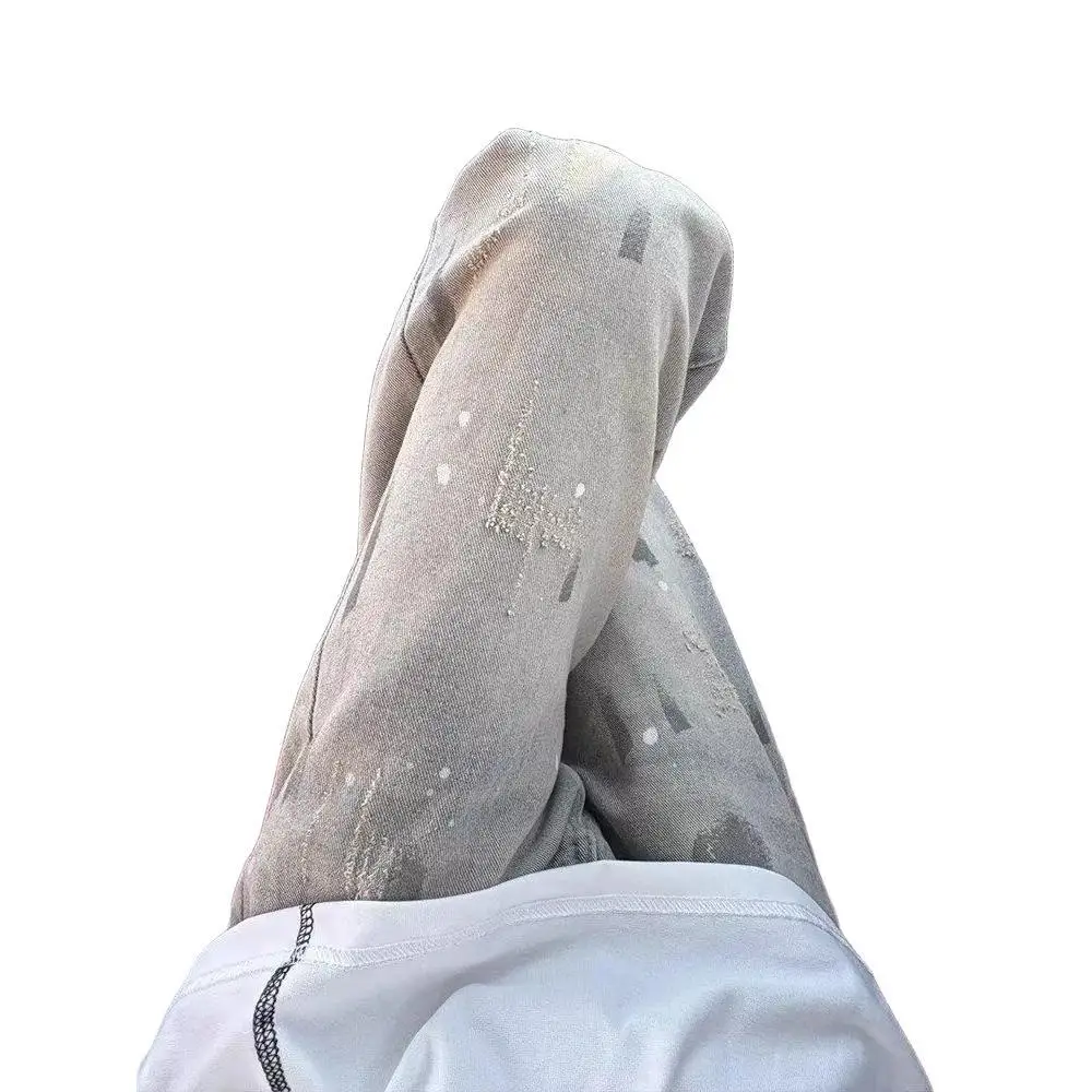 2025 New Splash ink tie dye cat paw print jeans men's style American retro vintage pants summer thin straight leg pants