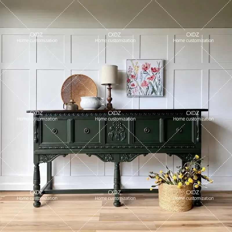 Dark Green Solid Wood Entrance Cabinet with 3D Engraving Retro American Rural Style Dining Sideboard Vintage Craftsmanship