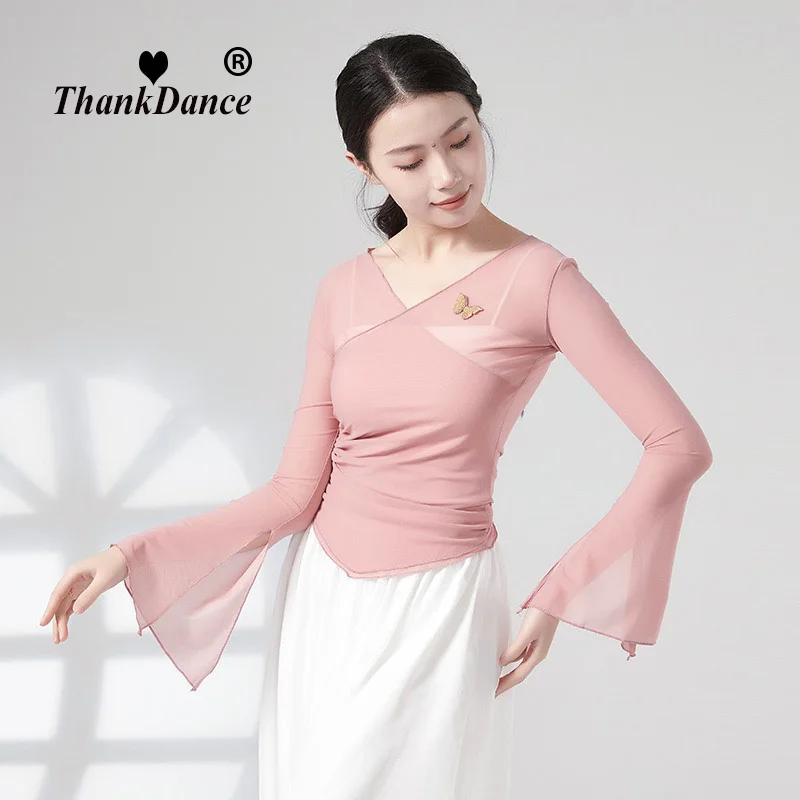 Classical Dance Gauze Mesh Top Long Horn Sleeve Shirt Flowy Body Rhyme Casual Blouse Cloth Performance Costume Dancewear Top New