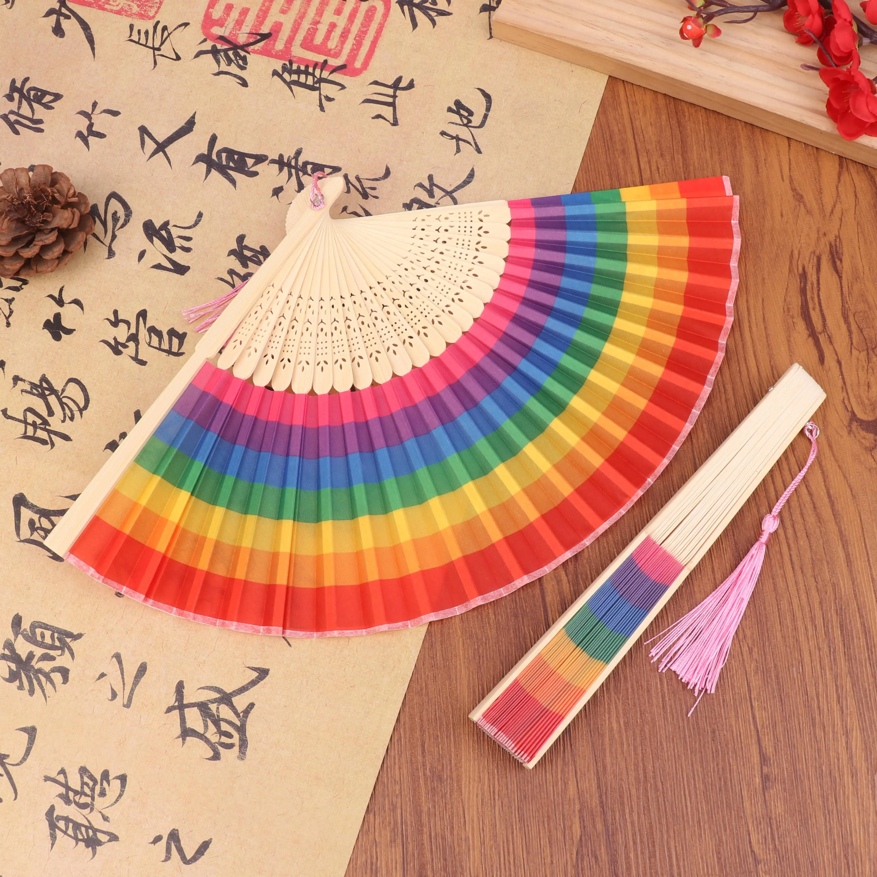 Portable Rainbow Handheld Folding Fan 2Pcs Spanish Large Foldable Hand Fan  For Dance Art Dancer Wedding Decor Gift Kid Festival