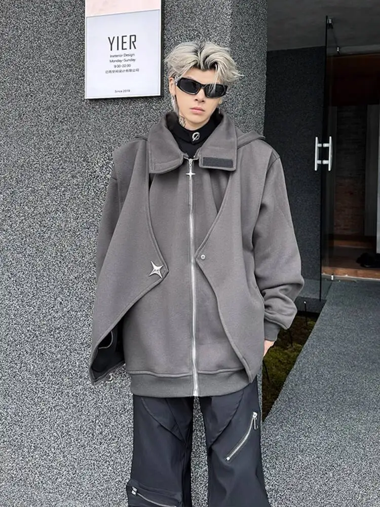 American Introvert Social Anxiety Cardigan Hoodie for Men  Spring Autumn Turtleneck Fake Two Piece Heavyweight High