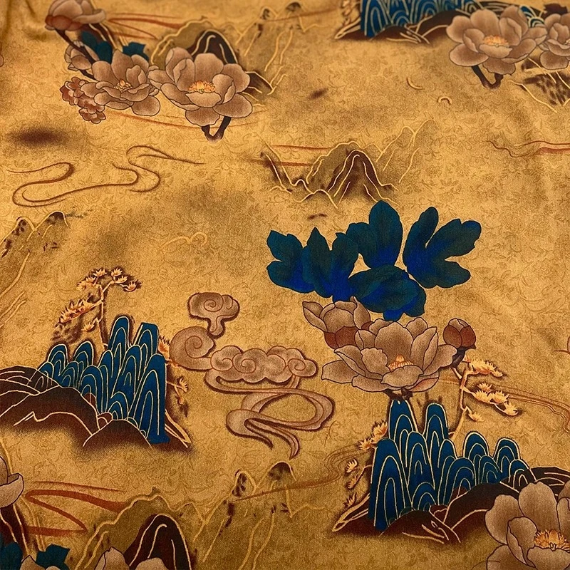 2Yards Chinese-style green and red imitation Xiangyunsha printed satin chiffon faux silk glossy fabric for Hanfu and cheongsamB view 6