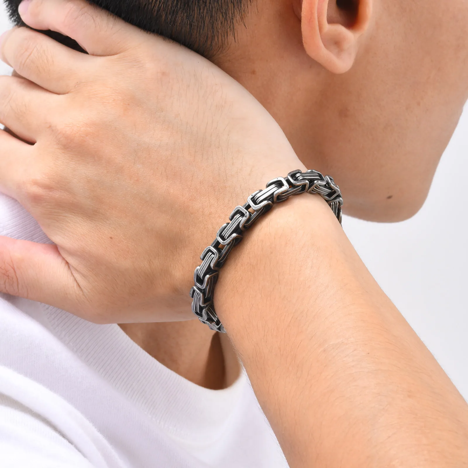 Retro Byzantine Bracelets for Men Boys,Chunky Stainless Steel Chain Bracelets,Vintage Rock Punk Cool Jewelry Gift