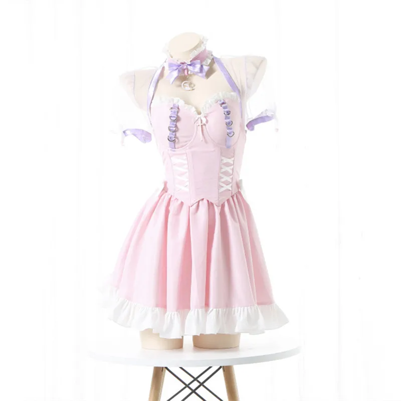 Robe de femme de chambre Lolita douce japonaise Kawaii pour fille, rose, sexy, douce, robe de fête d'anniversaire, manches bouffantes, servante Harajuku, jeu de plis