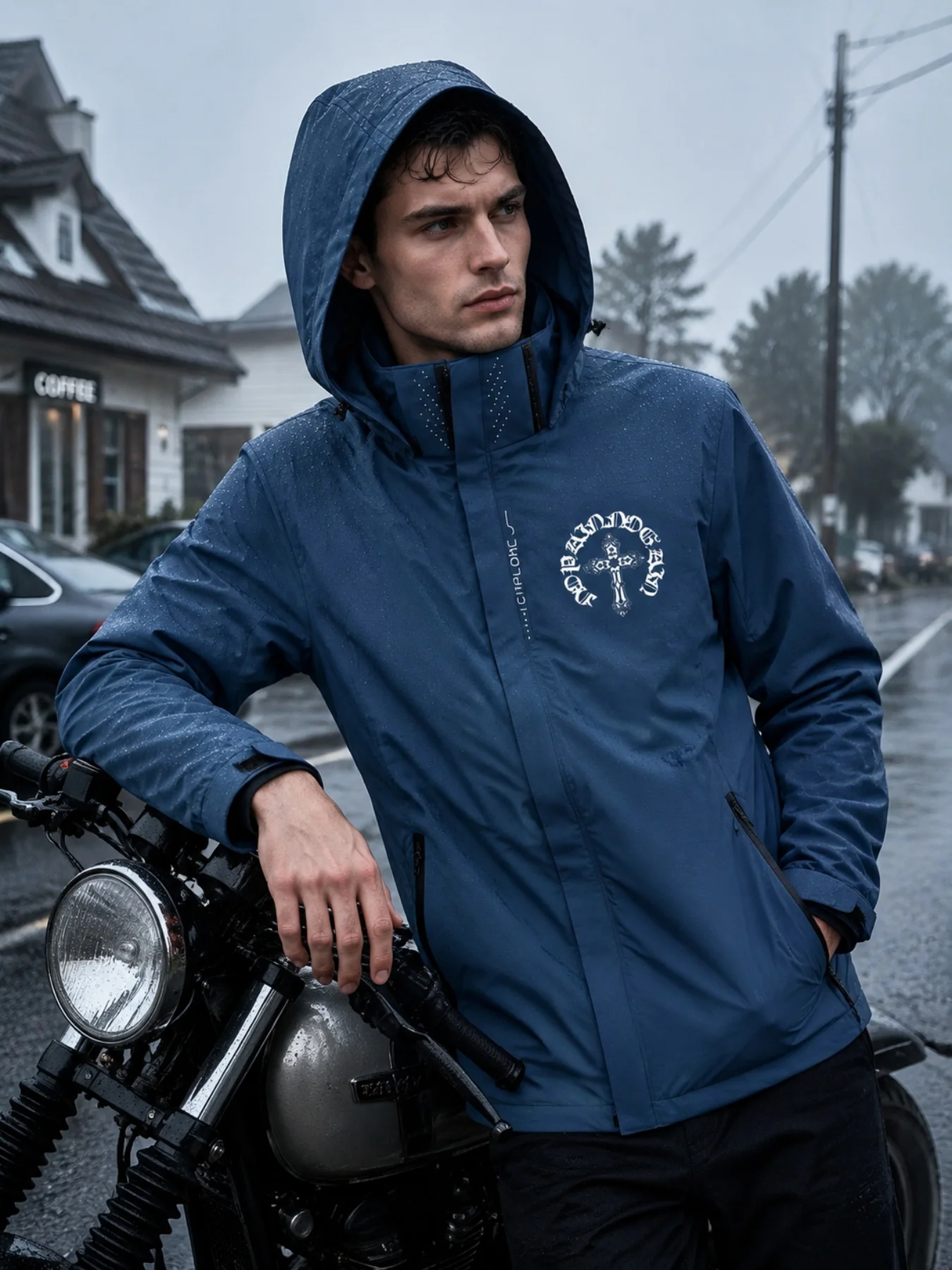 Gothic cross print hooded parka, zipper-access windproof and water-resistant jacket, travel and commuting outerwear jacket