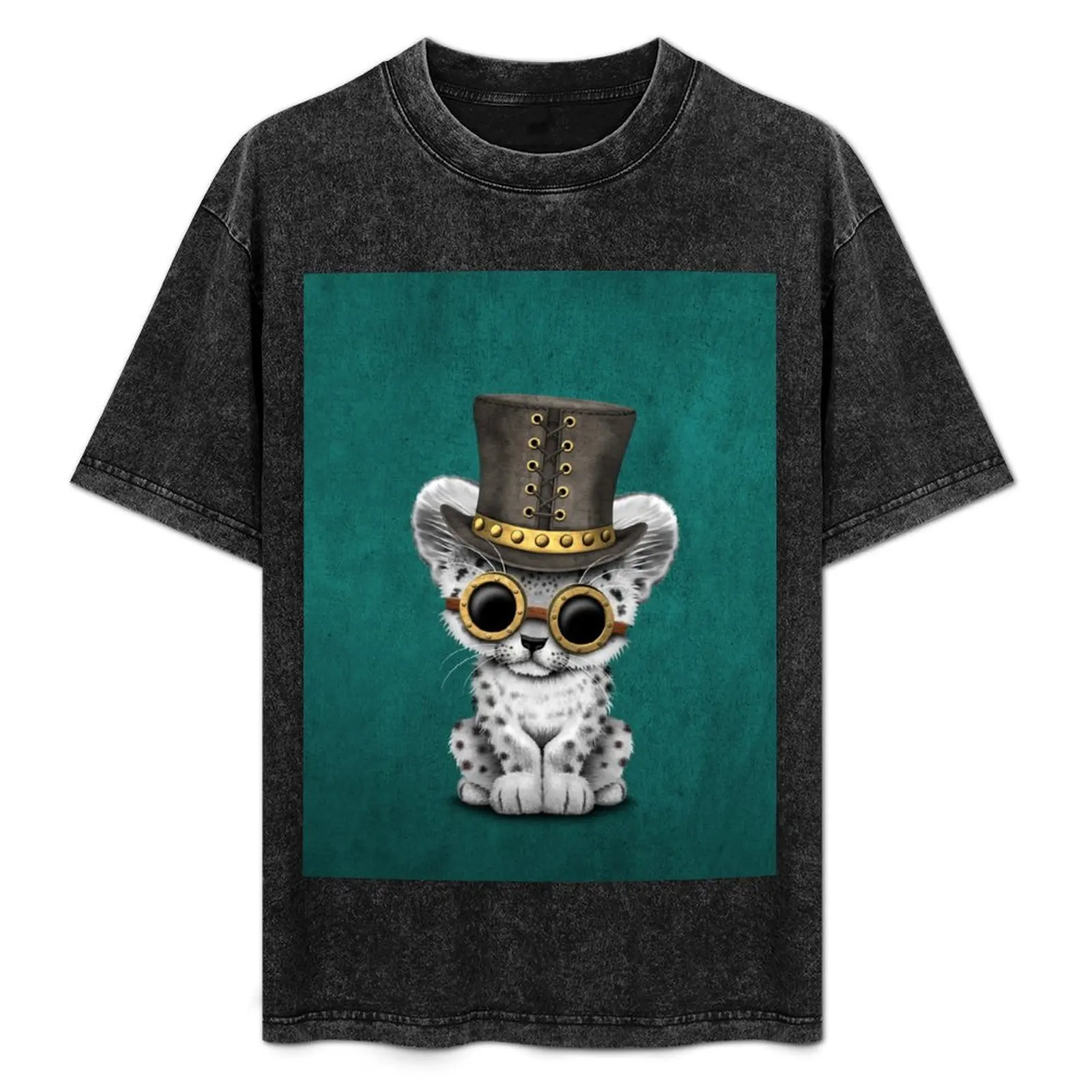 

Steampunk Snow Leopard Cub T-Shirt Trendy Print Short Sleeve T-Shirt