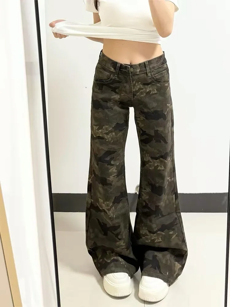

American Style Loose Fit Retro Camouflage Jeans Women's Low Waist Thin Straight Leg Floor-Length Pants Summer New Arrival