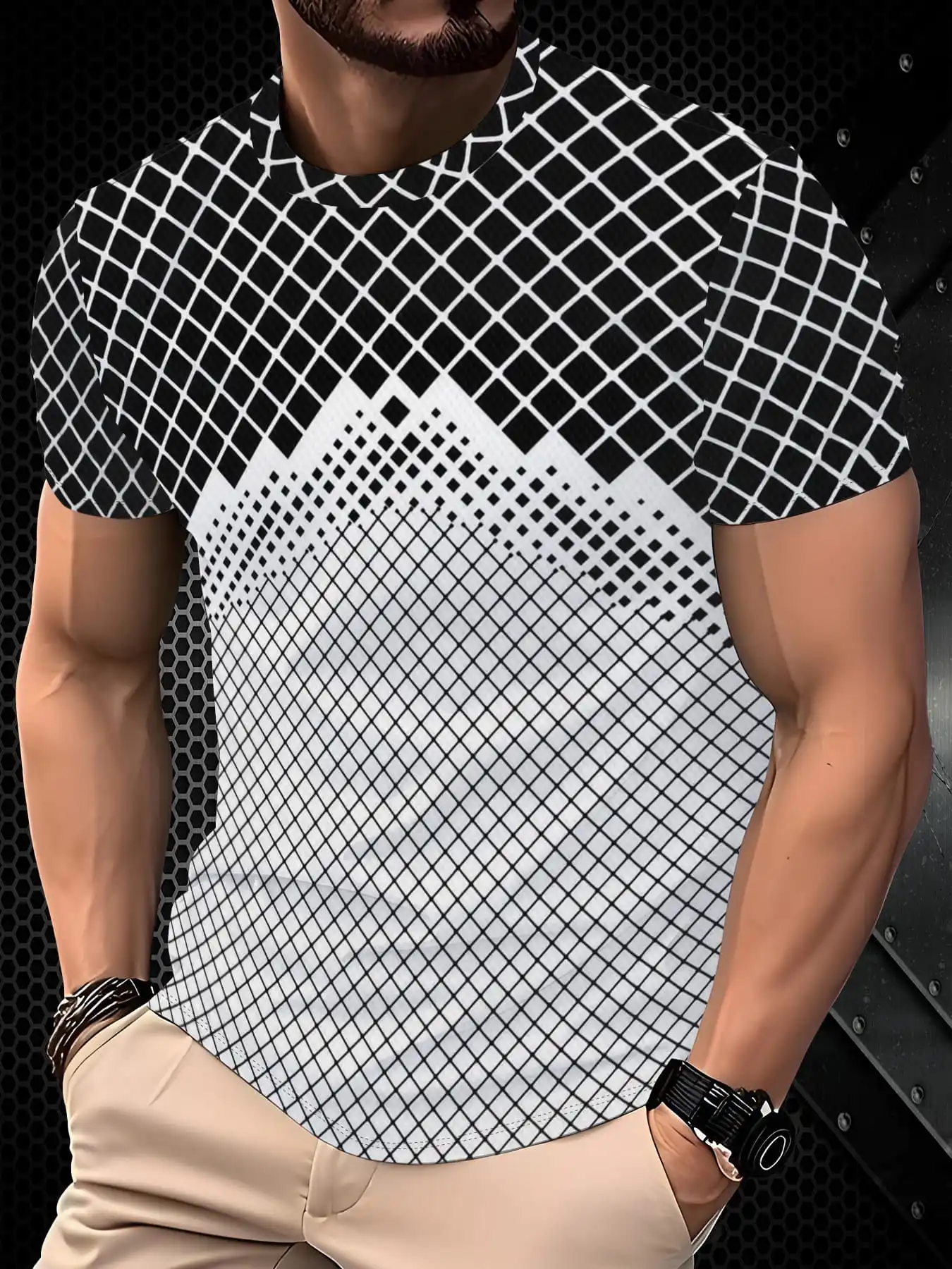 Men Quick Dry T-shirt High Elastic Gradient Grid Dot Print Short Sleeve Breathable Crew Neck Tee